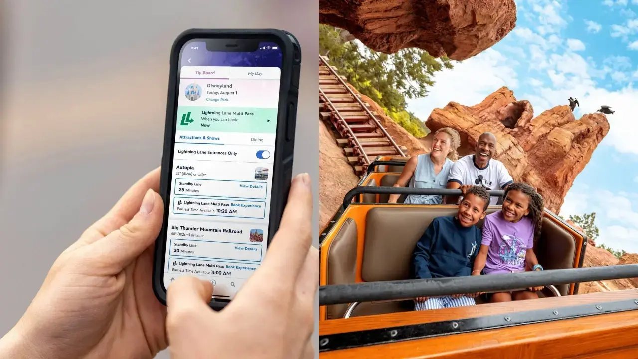 Booking a Lightning Lane pass in the app, and riding at the park