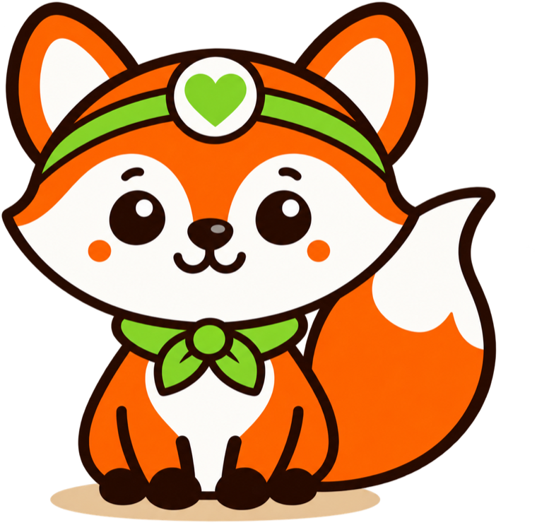 Scout, an illustrated fox wearing a green heart headband and leaf neckerchief