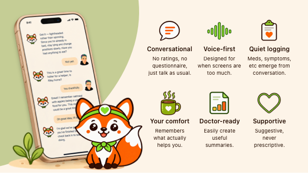 Scout on a phone, mid-conversation, beside six things it does: conversational, voice-first, quiet logging, your comfort, doctor-ready, supportive.